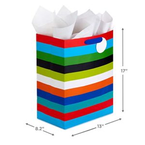 Hallmark 17" Extra Large Gift Bag with Tissue Paper (Rainbow Stripes) for Birthdays, Graduations, Baby Showers, Father's Day, Jumbo