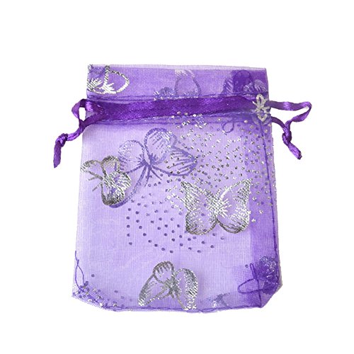 100pcs Organza Wedding Party Gift Bags Butterfly Drawstring Pouches Jewelry Gift Bags Christmas Party Gift Favor Bags (6"x9", Purple)