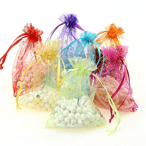 100pcs Organza Wedding Party Gift Bags Butterfly Drawstring Pouches Jewelry Gift Bags Christmas Party Gift Favor Bags (6"x9", Purple)