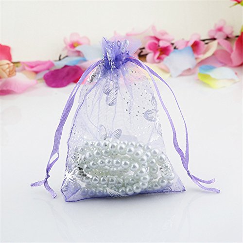 100pcs Organza Wedding Party Gift Bags Butterfly Drawstring Pouches Jewelry Gift Bags Christmas Party Gift Favor Bags (6"x9", Purple)