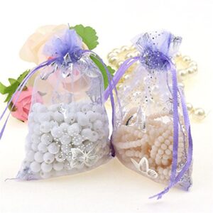 100pcs Organza Wedding Party Gift Bags Butterfly Drawstring Pouches Jewelry Gift Bags Christmas Party Gift Favor Bags (6"x9", Purple)