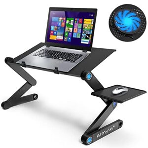extra wide adjustable laptop stand with cooling fan & mouse pad for 17 inch computer, portable ergonomic lap desk for bed sofa couch office (aluminum table tray: 19″, black)