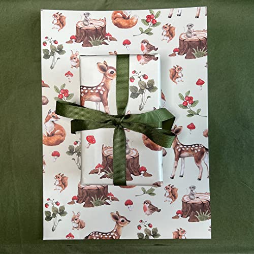 Woodland Baby Animals Gift Wrap by Wrap and Revel—Baby Shower Wrapping Paper Folded flat, 27 x 39 inches with Deer, Fox, Hedgehog, Bunny Rabbit, Mouse