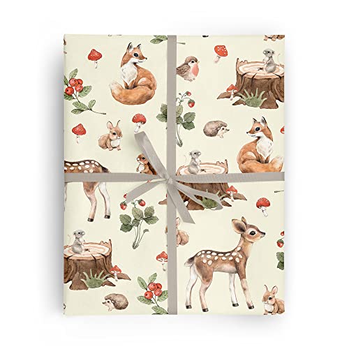 Woodland Baby Animals Gift Wrap by Wrap and Revel—Baby Shower Wrapping Paper Folded flat, 27 x 39 inches with Deer, Fox, Hedgehog, Bunny Rabbit, Mouse