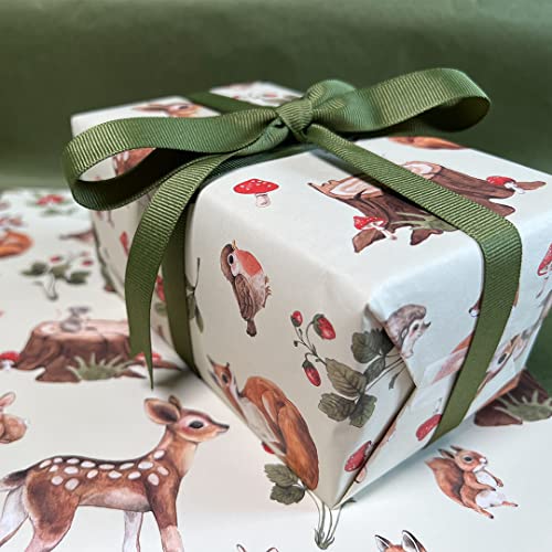 Woodland Baby Animals Gift Wrap by Wrap and Revel—Baby Shower Wrapping Paper Folded flat, 27 x 39 inches with Deer, Fox, Hedgehog, Bunny Rabbit, Mouse