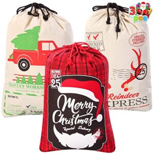 joyin 3 santa sacks christmas canvas burlap gift bags personalized storage with drawstring for extra large xmas stuffers presents bags, party favor decorations