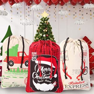 JOYIN 3 Santa Sacks Christmas Canvas Burlap Gift Bags Personalized Storage with Drawstring for Extra Large Xmas Stuffers Presents Bags, Party Favor Decorations