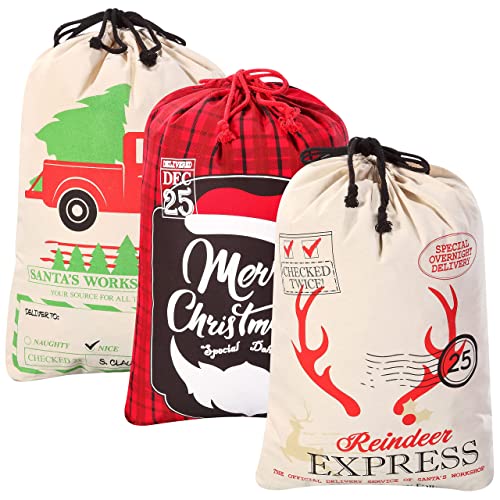 JOYIN 3 Santa Sacks Christmas Canvas Burlap Gift Bags Personalized Storage with Drawstring for Extra Large Xmas Stuffers Presents Bags, Party Favor Decorations