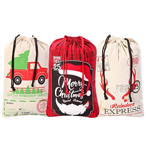 JOYIN 3 Santa Sacks Christmas Canvas Burlap Gift Bags Personalized Storage with Drawstring for Extra Large Xmas Stuffers Presents Bags, Party Favor Decorations