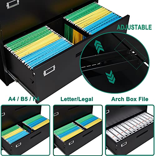 Letaya Metal Lateral File Cabinets with Lock,2 Drawer Steel Wide Filing Organization Storage Cabinets,Home Office Furniture for Hanging Files Letter/Legal/F4/A4 Size (Blcak-2 Drawer)