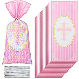 hotop 100 pcs baptism cellophane bags christian gift treat bag religious goodie candy with 150 ties first communion party supplies christening confirmation baby shower serves for boy and girl, gold