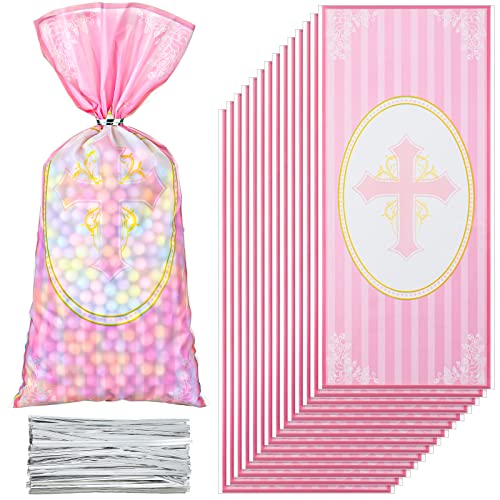 HOTOP 100 Pcs Baptism Cellophane Bags Christian Gift Treat Bag Religious Goodie Candy with 150 Ties First Communion Party Supplies Christening Confirmation Baby Shower Serves for Boy and Girl, Gold