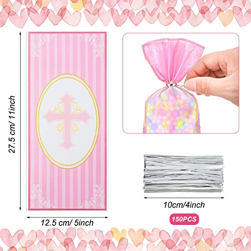 HOTOP 100 Pcs Baptism Cellophane Bags Christian Gift Treat Bag Religious Goodie Candy with 150 Ties First Communion Party Supplies Christening Confirmation Baby Shower Serves for Boy and Girl, Gold