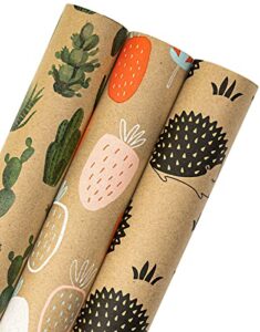 maypluss kraft wrapping paper roll – mini roll – 17″ x 120″ per roll – fruit/cactus/hedgehogs design (42.3 sq.ft.ttl)