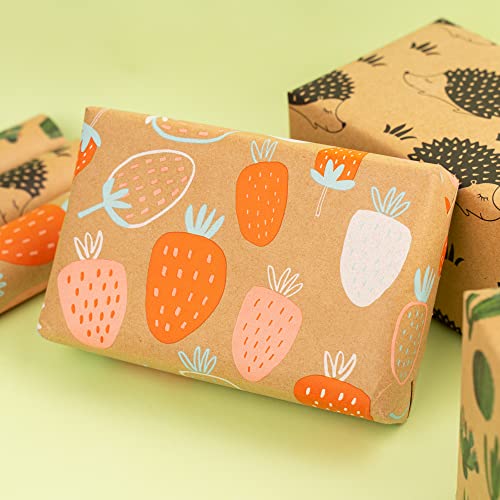 MAYPLUSS Kraft Wrapping Paper Roll - Mini Roll - 17" X 120" Per roll - Fruit/Cactus/Hedgehogs Design (42.3 sq.ft.ttl)