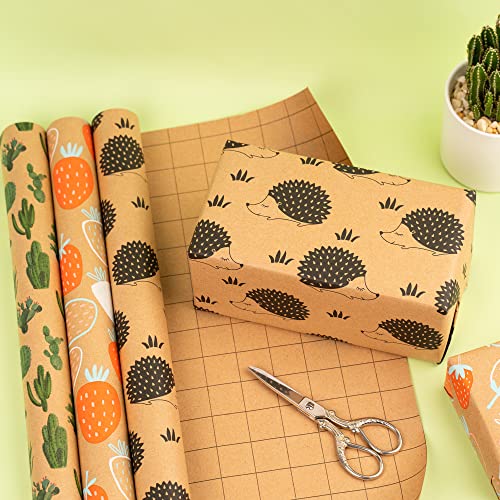 MAYPLUSS Kraft Wrapping Paper Roll - Mini Roll - 17" X 120" Per roll - Fruit/Cactus/Hedgehogs Design (42.3 sq.ft.ttl)