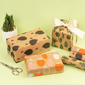 MAYPLUSS Kraft Wrapping Paper Roll - Mini Roll - 17" X 120" Per roll - Fruit/Cactus/Hedgehogs Design (42.3 sq.ft.ttl)