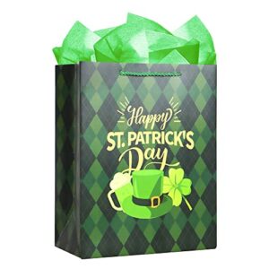 D4DREAM Happy St Patrick's Day Gift Bags 11.5" Large Green Buffalo Plaid Gift Bag with Tissue Paper St. Patricks Day Gift Wrapping Bag with Handle for Kids Classroom Party Favor Supplies