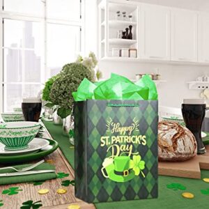 D4DREAM Happy St Patrick's Day Gift Bags 11.5" Large Green Buffalo Plaid Gift Bag with Tissue Paper St. Patricks Day Gift Wrapping Bag with Handle for Kids Classroom Party Favor Supplies