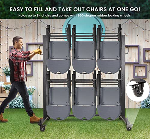 Folding Chair Rack Folding Chair Cart with Capacity 84 Folding Chair Storage Rack 360° Rubber Locking Wheels Weatherproof Cover Mobile Chair Dolly for Stackable Chairs Folding Tables and Chairs