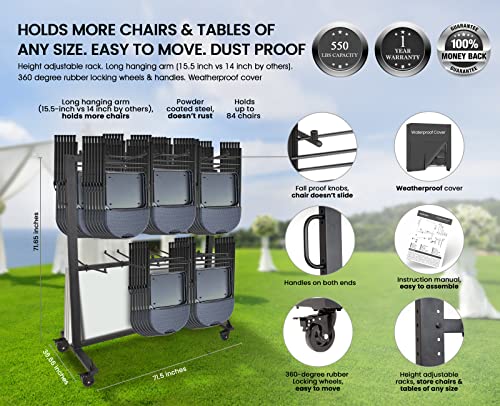 Folding Chair Rack Folding Chair Cart with Capacity 84 Folding Chair Storage Rack 360° Rubber Locking Wheels Weatherproof Cover Mobile Chair Dolly for Stackable Chairs Folding Tables and Chairs