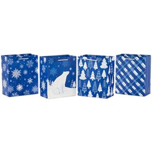 hallmark 9″ medium winter gift bags (4 bags: blue with snowflakes, plaid, polar bear, christmas trees) for christmas, hanukkah, birthdays