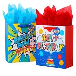 vammy 13″ large birthday gift bag with tissue paper, 2 pack happy birthday paper gift bags (fireworks birthday party, colorful cake candle) for birthday party