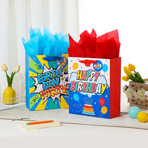 Vammy 13" Large Birthday Gift Bag with Tissue Paper, 2 Pack Happy Birthday Paper Gift Bags (Fireworks Birthday Party, Colorful Cake Candle) for Birthday Party