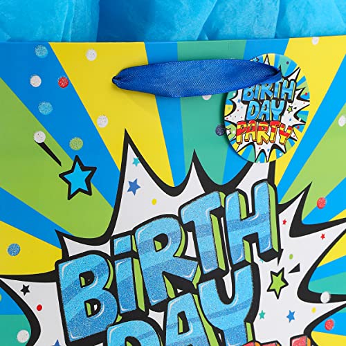 Vammy 13" Large Birthday Gift Bag with Tissue Paper, 2 Pack Happy Birthday Paper Gift Bags (Fireworks Birthday Party, Colorful Cake Candle) for Birthday Party