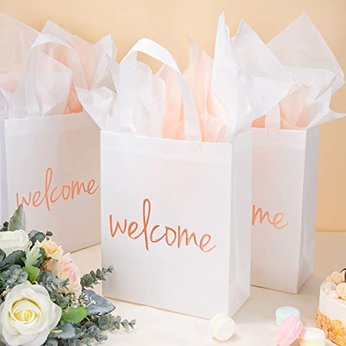 Crisky Reuseable Whtie Rose Gold Welcome Bags for Wedding Birthday Party, 25 Counts Medium Size Eco-Friendly Non-Woven Guest Gift Bags, 11x4x9 Inches