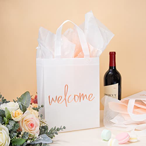 Crisky Reuseable Whtie Rose Gold Welcome Bags for Wedding Birthday Party, 25 Counts Medium Size Eco-Friendly Non-Woven Guest Gift Bags, 11x4x9 Inches