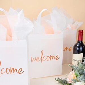 Crisky Reuseable Whtie Rose Gold Welcome Bags for Wedding Birthday Party, 25 Counts Medium Size Eco-Friendly Non-Woven Guest Gift Bags, 11x4x9 Inches