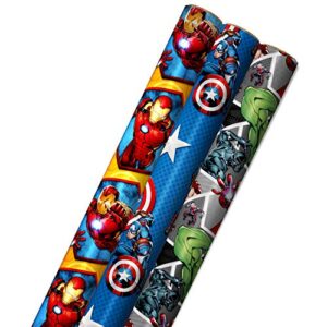 hallmark avengers wrapping paper with cut lines on the reverse (3-pack: 60 sq. ft. ttl) with captain america, iron man, black widow, thor and hulk for birthdays, christmas, father’s day and more