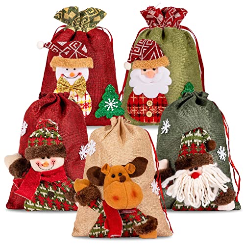 Whaline Drawstring Christmas Bags, 3D Xmas Gift Bags, Christmas Wrapping Bags, Xmas Goodie Bags, Red Treat Pouch Bags, Sack Stockings, Party Favor Bags, 8 x 11in, 8 x 12in (5 Pack)