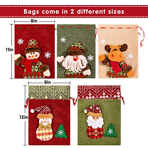 Whaline Drawstring Christmas Bags, 3D Xmas Gift Bags, Christmas Wrapping Bags, Xmas Goodie Bags, Red Treat Pouch Bags, Sack Stockings, Party Favor Bags, 8 x 11in, 8 x 12in (5 Pack)