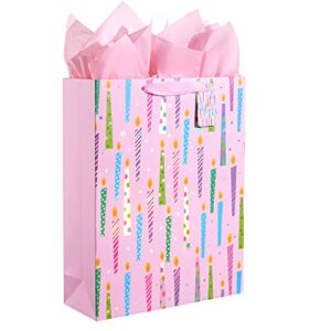 suncolor 16″ extra large gift bag with tissue paper for girls (happy birthday candles)
