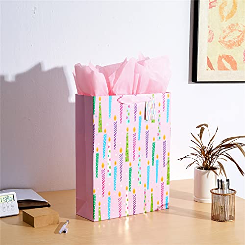 SUNCOLOR 16" Extra Large Gift Bag with Tissue Paper for Girls (Happy Birthday Candles)
