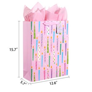 SUNCOLOR 16" Extra Large Gift Bag with Tissue Paper for Girls (Happy Birthday Candles)