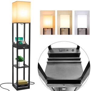 assemer shelf floor lamps for living room,tall standing lamp with shelves and drawer,2 usb charging ports & power outlet,bright 3cct led bulb included – black