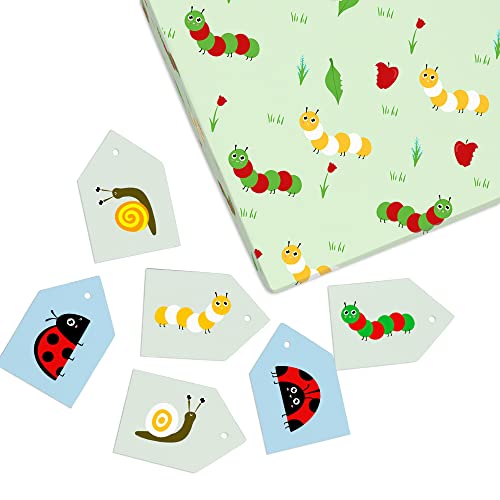 CENTRAL 23 Cute Wrapping Paper - 6 Sheets of Gift Wrap - Blue and Green Birthday Wrapping Sheet - Colorful Bugs - Flowers and Leaves - Kids - Boys and Girls - Comes With Fun Stickers - Recyclable