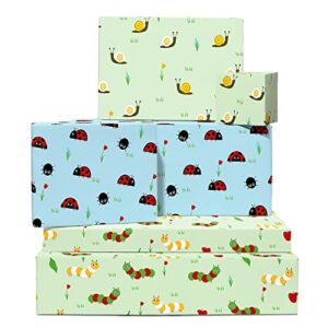 central 23 cute wrapping paper – 6 sheets of gift wrap – blue and green birthday wrapping sheet – colorful bugs – flowers and leaves – kids – boys and girls – comes with fun stickers – recyclable