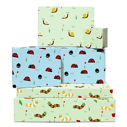 CENTRAL 23 Cute Wrapping Paper - 6 Sheets of Gift Wrap - Blue and Green Birthday Wrapping Sheet - Colorful Bugs - Flowers and Leaves - Kids - Boys and Girls - Comes With Fun Stickers - Recyclable