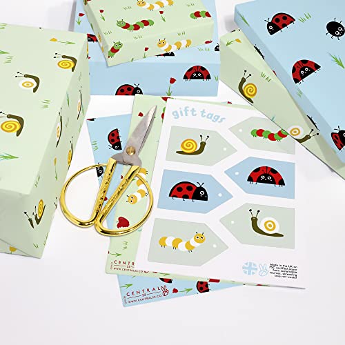 CENTRAL 23 Cute Wrapping Paper - 6 Sheets of Gift Wrap - Blue and Green Birthday Wrapping Sheet - Colorful Bugs - Flowers and Leaves - Kids - Boys and Girls - Comes With Fun Stickers - Recyclable