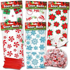 christmas gift bags for holiday gifts – cellophane goodie treat and party favor bag with twist ties (150 pack)