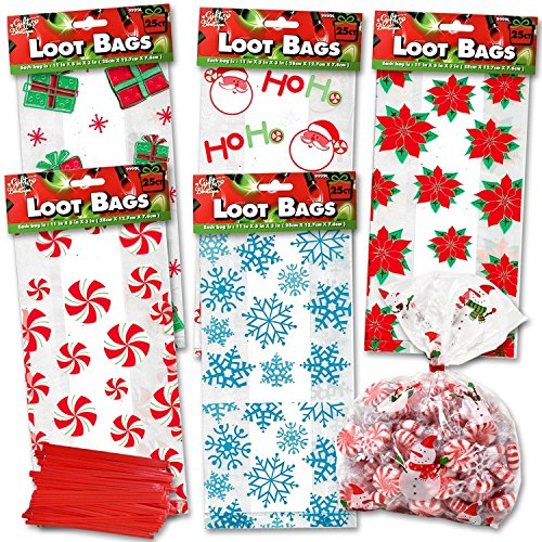 Christmas Gift Bags for Holiday Gifts - Cellophane Goodie Treat and Party Favor Bag with Twist Ties (150 Pack)