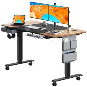 maidesite standing desk adjustable height, 55 inch stand up desk, electric sit stand desk with caster wheels, drawer and cable management tray for home office, rustic brown+black desktop