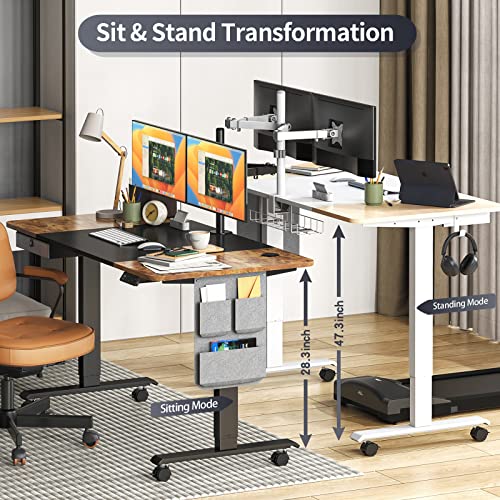 MAIDeSITe Standing Desk Adjustable Height, 55 Inch Stand Up Desk, Electric Sit Stand Desk with Caster Wheels, Drawer and Cable Management Tray for Home Office, Rustic Brown+Black Desktop