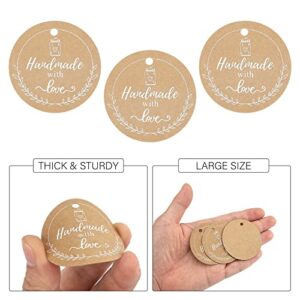 100Pcs Kraft Handmade with Love Tags,Round Brown Tags with String,Handmade Paper Gift Tags,Personalized Gift Hang Tags for DIY Crafts,Gift Wrapping,Christmas,Wedding,Birthday,Thanksgiving Gift(2")