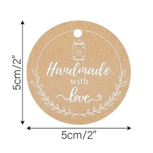 100Pcs Kraft Handmade with Love Tags,Round Brown Tags with String,Handmade Paper Gift Tags,Personalized Gift Hang Tags for DIY Crafts,Gift Wrapping,Christmas,Wedding,Birthday,Thanksgiving Gift(2")