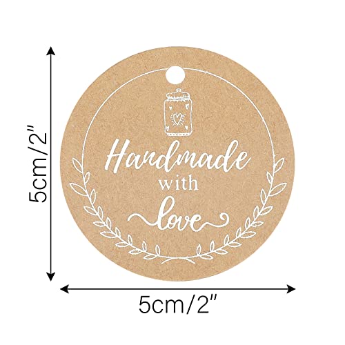 100Pcs Kraft Handmade with Love Tags,Round Brown Tags with String,Handmade Paper Gift Tags,Personalized Gift Hang Tags for DIY Crafts,Gift Wrapping,Christmas,Wedding,Birthday,Thanksgiving Gift(2")